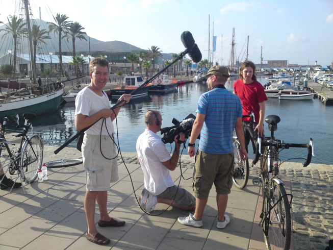 Jason with sound boom, Robin and John with camera and Sam with a piece to camera