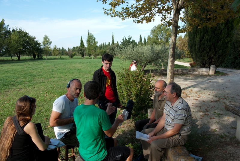 Brothers Henri and Rene at Henri&#39;s home near the town of Maillane, Director Fiona front left, Luca holds the boom, John on camera and in the distance Sam chats with Exec Producer Chris