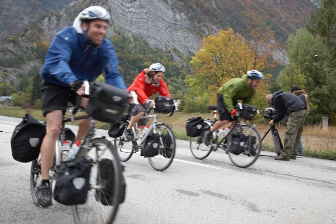 Racing down the Alps - excited that we were briefly going down not up! (Zissi Kausch)