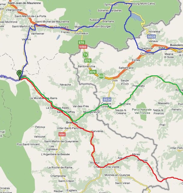 Our separate routes over the Alps into Italy. Sam = red, Danny = green and Ben = blue (our shirt colours)