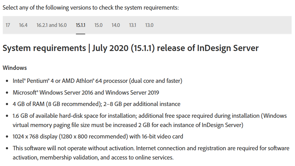 Adobe InDesign server requirements